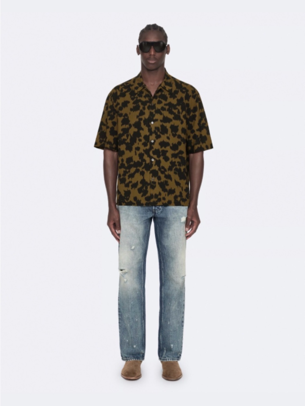 AllSaints Olive and Black Camouflage Short-Sleeve Shirt with Faded Blue Jeans